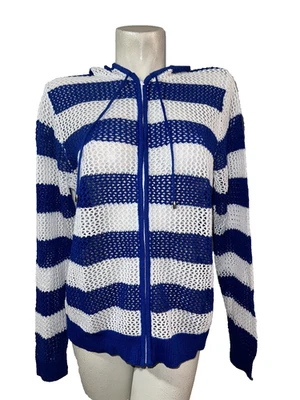 Suéter Quacker Factory Talla L Grande Azul Blanco Rayas Cremallera Cárdigan Sudadera con Capucha Foto 1 de 4