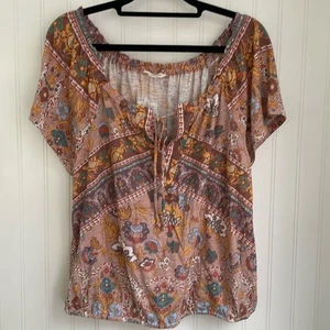 Lucky Brand Floral Bohemian Top Tie Front Brown Mustard Yellow Fall Size Large - Picture 1 of 14