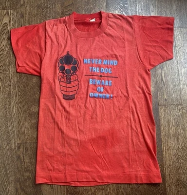 80s Never Mind The Dog Beware Of Owner Vintage Screen Stars Novelty T Shirt XS/S - Image 1 of 4