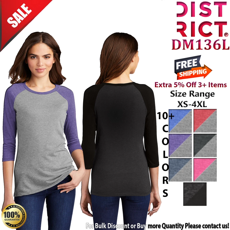 District DM136L Womens 3/4 Sleeve Raglan Perfect Tri Stylish Crew Neck T-Shirt - Image 1 of 1