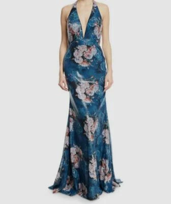 $500 Jovani Women's Blue Sleeveless V-Neck Floral Sequin Gown Dress Size 8 - Image 1 of 4