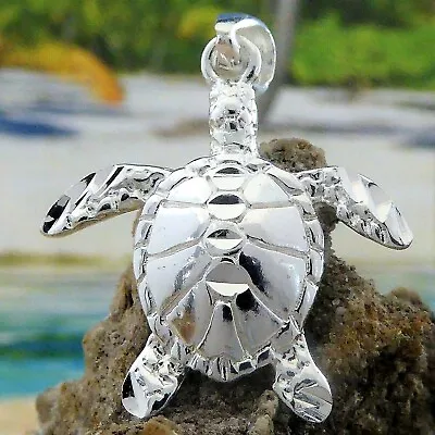 SILVER SEA TURTLE PENDANT 1 1/8" long DIAMOND CUT, .925 STERLING - Image 1 of 3