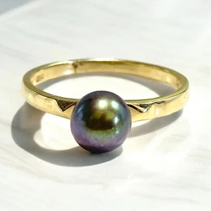Vintage 14k Yellow Gold Black Tahitian Pearl Solitaire Ring - Picture 1 of 8