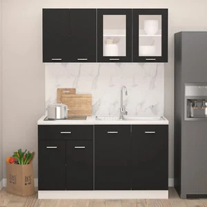 4 Piece Kitchen Cabinet Set Black Engineered Wood I6W7 - Picture 1 of 12