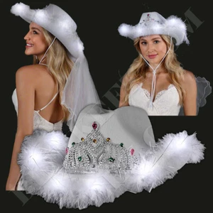 Leuchtender weißer Braut Cowgirl Hut + Schleier für Hochzeiten/Junggesellinnenabschiede! SPASS - Bild 1 von 12