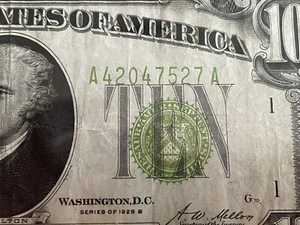 Misaligned Green Lime Green 1928 B $10 Note Boston - Picture 1 of 3