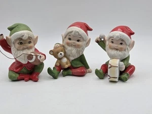 Vintage 3 Ceramic Homco Elves Santa Elf W/bear, Drum & Football - Picture 1 of 17