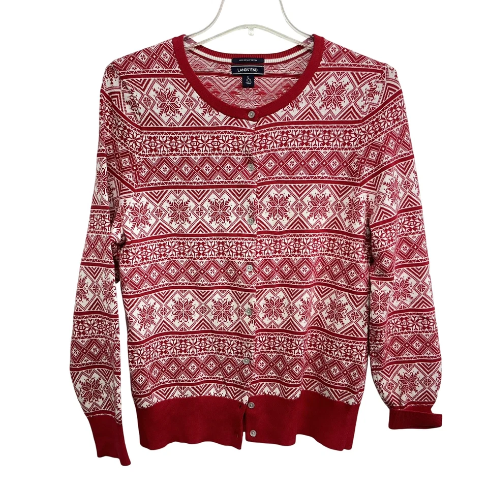 Suéter Lands' End Niñas Grande 14-16 Rojo Blanco Fair Isle Supima Algodón Cárdigan Foto 1 de 4