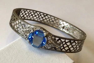 VINTAGE ART DECO ARMBAND STERLINGSILBER BLAU STRASS FILIGRAN SCHARNIER N6 - Bild 1 von 2