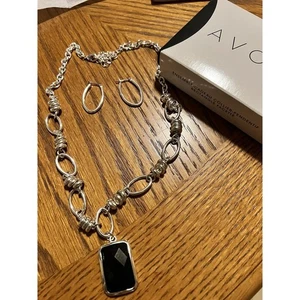 Neu Avon Schwarz Onyx Silber Facettiert Halskette & Ohrring Set - Bild 1 von 3