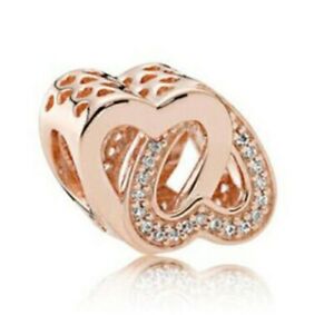 💛💛​1 pc European charm rose gold intertwined double hearts with clear crystals