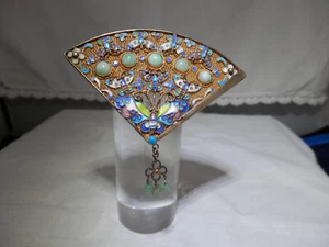 Antique Chinese jade/hardstone enamel fan brooch / pin - Imagen 1 de 3