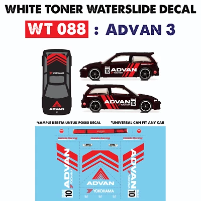 WT088 White Toner Waterslide Decals ADVAN 3 For Custom 1:64 Hot Wheels  - Image 1 of 4