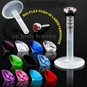 16G 14G 3/8" Bio-Flex Push-In Surgical Steel 2mm Press Fit Gem Top Labret - Picture 1 of 1