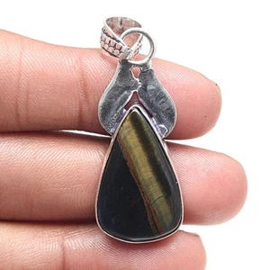 Pendant Black Tiger's Eye Gemstone Valentine'Day Ethnic Silver Jewelry 2" - Picture 1 of 7