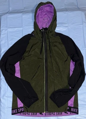 Chaqueta con capucha cortavientos para hombre Nike negra verde y púrpura cremallera completa talla M Foto 1 de 4