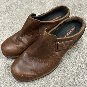 Merrell Women’s Size 7.5 Brown Leather Slip On Clogs Stacked Heel Comfort Shoes - Picture 1 of 10