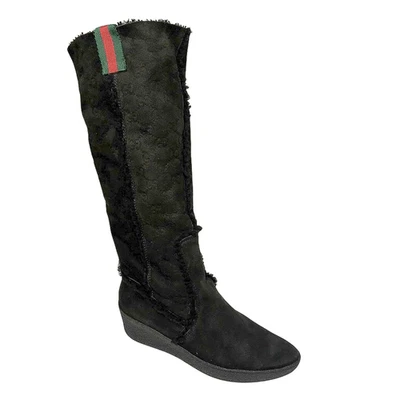 Gucci GG Monograma Web Negro Gamuza Botas Hasta la Rodilla Talla 7 Tacón de Cuña Eje de 14" Foto 1 de 4