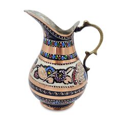 Turkish embroidered copper pitcher, Hand painted copper beverage serving jug