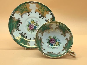 Paragon China green & gold with pink chintz centre tea cup & saucer duo. 3214. - Picture 1 of 13