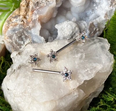 PAIR CZ Gem Flower w/ Opal Glitter Center Nipple Rings Shields Steel Barbells - Image 1 of 3