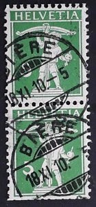 1910 Switzerland pair of 5c green William Tell's son stamps Bière cds - Bild 1 von 2