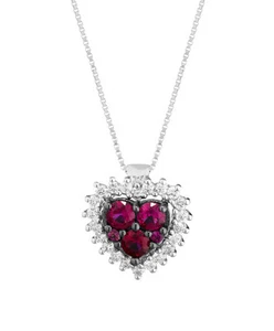 CIONDOLO CUORE IN ORO BIANCO 18K : VERI RUBINI E DIAMANTI NATURALI CERTIFICATO - Foto 1 di 1