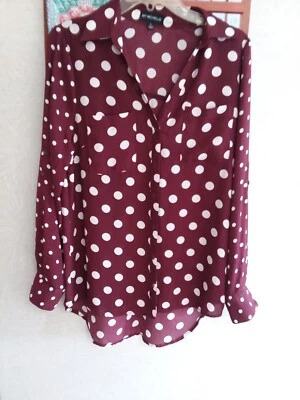 MY MICHELLE Woman's Long Leave Blouse - Burgundy w/White Polka Dots - Size Large — 第 1/4 张图片