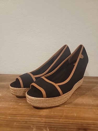 Tory Burch Maiorca tacco a zeppa nero marrone chiaro punta aperta donna taglia 10. C