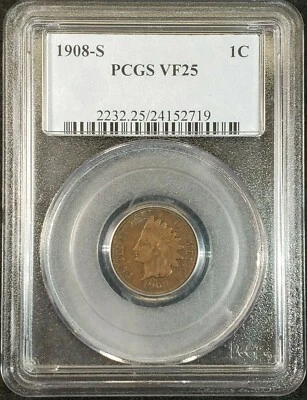 1908-S Indian Head Cent PCGS VF25 2232.25/24152719 Exquisite Coin Rare - Image 1 of 4
