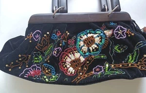 Floral Hobo Bag Purse Wood Handles Black Velvet Handsewn Beaded Boho Hippie 70s - Picture 1 of 7