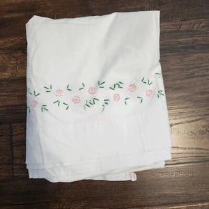 Vintage Pepperell Muslin Flat Sheet 81x108 Pink Floral Cottagecore Embroidered - Picture 1 of 5
