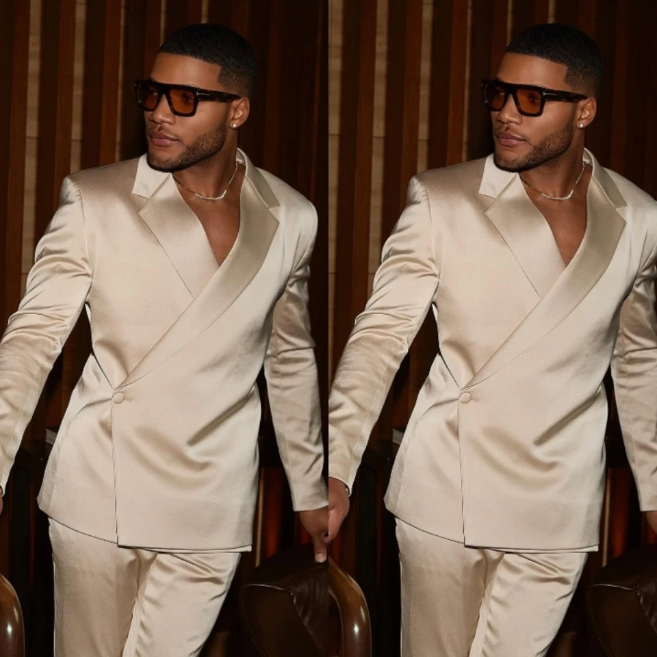 Traje de satén de seda para hombre dorado fiesta graduación 2 piezas boda novio chaqueta blazer noche Foto 1 de 4