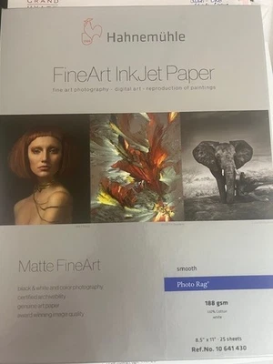 Hahnemuhle Photo Rag Smooth Fine Art Paper, 188 GSM, 8.5"x11", 25 sheet box, NEW - Image 1 of 2