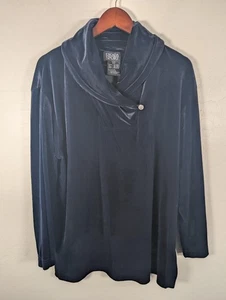 Escada Sport Shirt Womens Large Navy Blue Velour Cowl Neck Button Long Sleeve - Picture 1 of 9