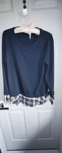 Loft Women's Top Navy Plaid Ruffle Sleeve Bottom L - Picture 1 of 7