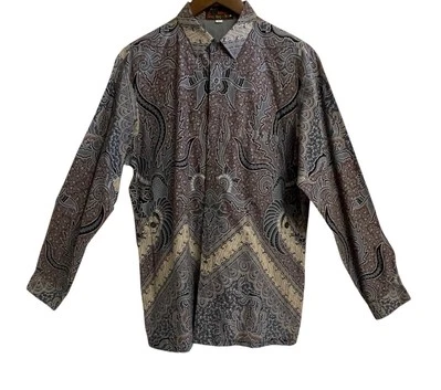 VTG Batik Button Up Collared Mens Long Sleeve Dress Shirt Size Large Blue Brown - Image 1 of 4
