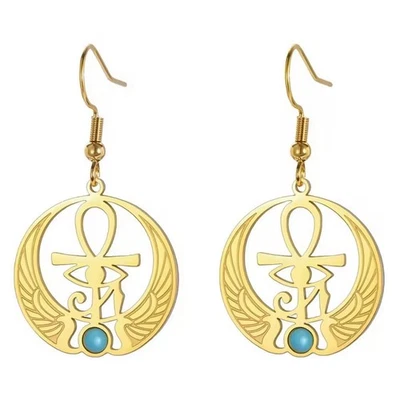 Pendientes Ankh Estilo Egipcio Oro PVD 316L Acero Inoxidable Ojo de Ra Cuelga Foto 1 de 4