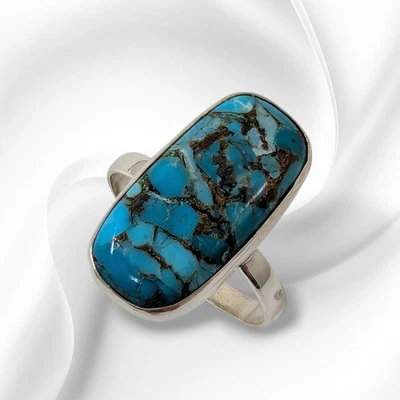 Solid 925 Sterling Silver Women's Ring With Authentic Blue Copper Turquoise  - Image 1 of 4