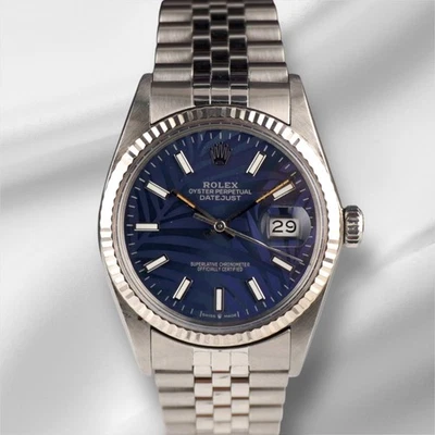 Rolex 36mm Datejust Steel Fluted Jubilee Dark Blue Palm Motif Dial Watch 16014 - image 1 of 4
