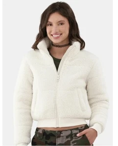 No Boundaries Zip Up Faux Fur Jacket Women's sz m Cream Lined Fit Girl 14-16 - Picture 1 of 5