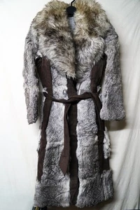 Luxury Long Fur Coat Mouton Collar Rabbit Body Suede Mix Women US M-L Elegant - Picture 1 of 24