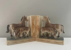 Vintage Ceramic Brown Mom Baby Horse Book Ends JAPAN Read - Picture 1 of 14