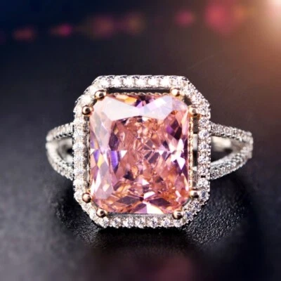 18K White Gold GF Baby Pink Crystal Radiant Cut Split Band Shoulder Stones Ring Foto 1 de 4