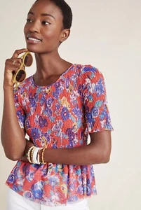 Maeve By Anthropologie Top Blouse Size S Ashton Smocked Peplum Red Floral Mesh - Picture 1 of 13