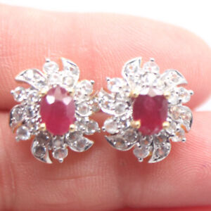 Heated Gemstone 5 x 7 mm. Red Ruby & White Zircon Earrings 925 Sterling Silver