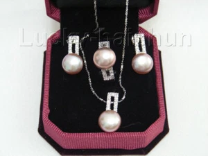 Genuine 12mm round purple pearl necklace pendant Earring Rings 925sc set j7583 - Picture 1 of 2