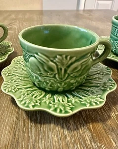 3 Vintage Bordallo Pinheiro green ceramic cups and saucers rabbit Bunny Portugal - Picture 1 of 9