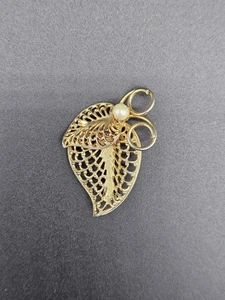 Broche prendedor vintage Estate hermosa hoja perla tono dorado 1 1/4" - Imagen 1 de 3