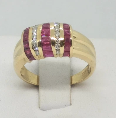 18K Yellow Gold Three-Row Natural 1.10ctw Ruby w/0.16ctw Diamond Dome Ring - Image 1 of 4